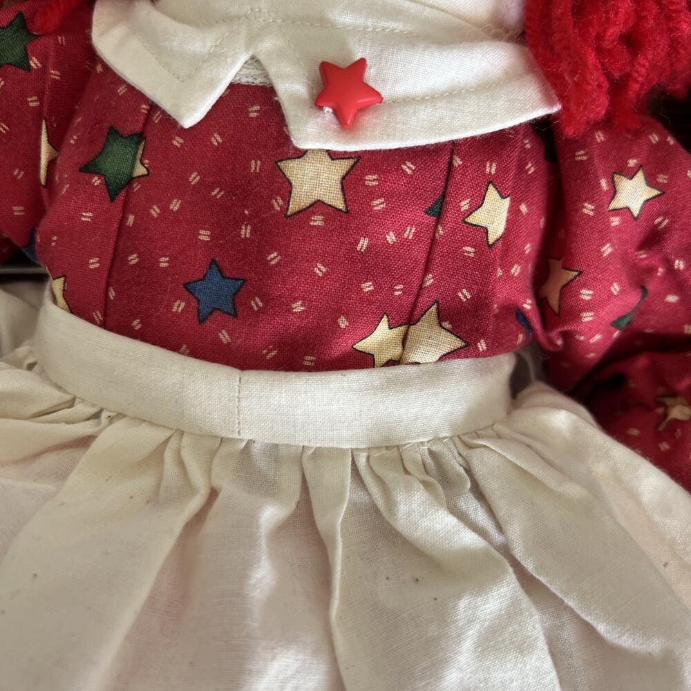 RARE RAGGEDY ANN & ANDY 18” RAG DOLL SET Handmade Red Dress W Stars & Apron VGUC - Picture 4 of 16